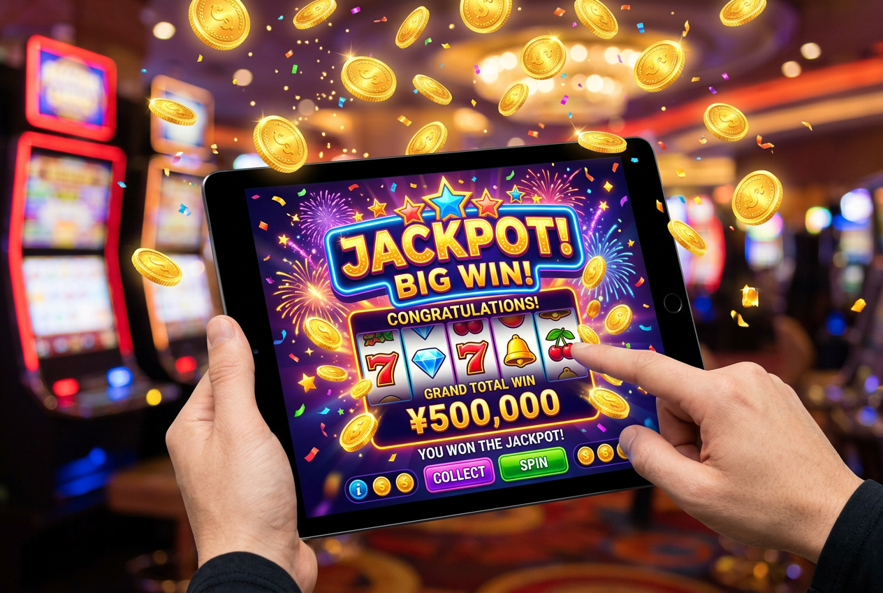 Obraz przedstawiający bonusowe monety i grafikę slotu z napisem Jackpot na ekranie tabletu