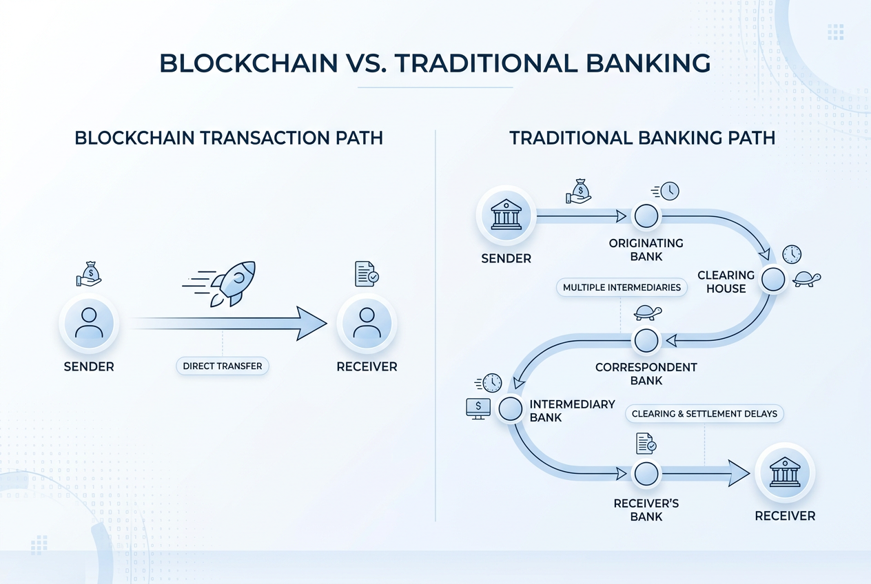 Infografika porównująca szybkość transakcji krypto i tradycyjnych przelewów bankowych