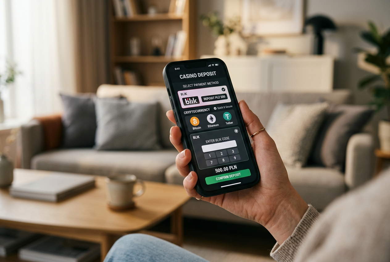 Smartfon z aplikacją kasyna online wyświetlający interfejs płatności BLIK oraz opcje kryptowalutowe