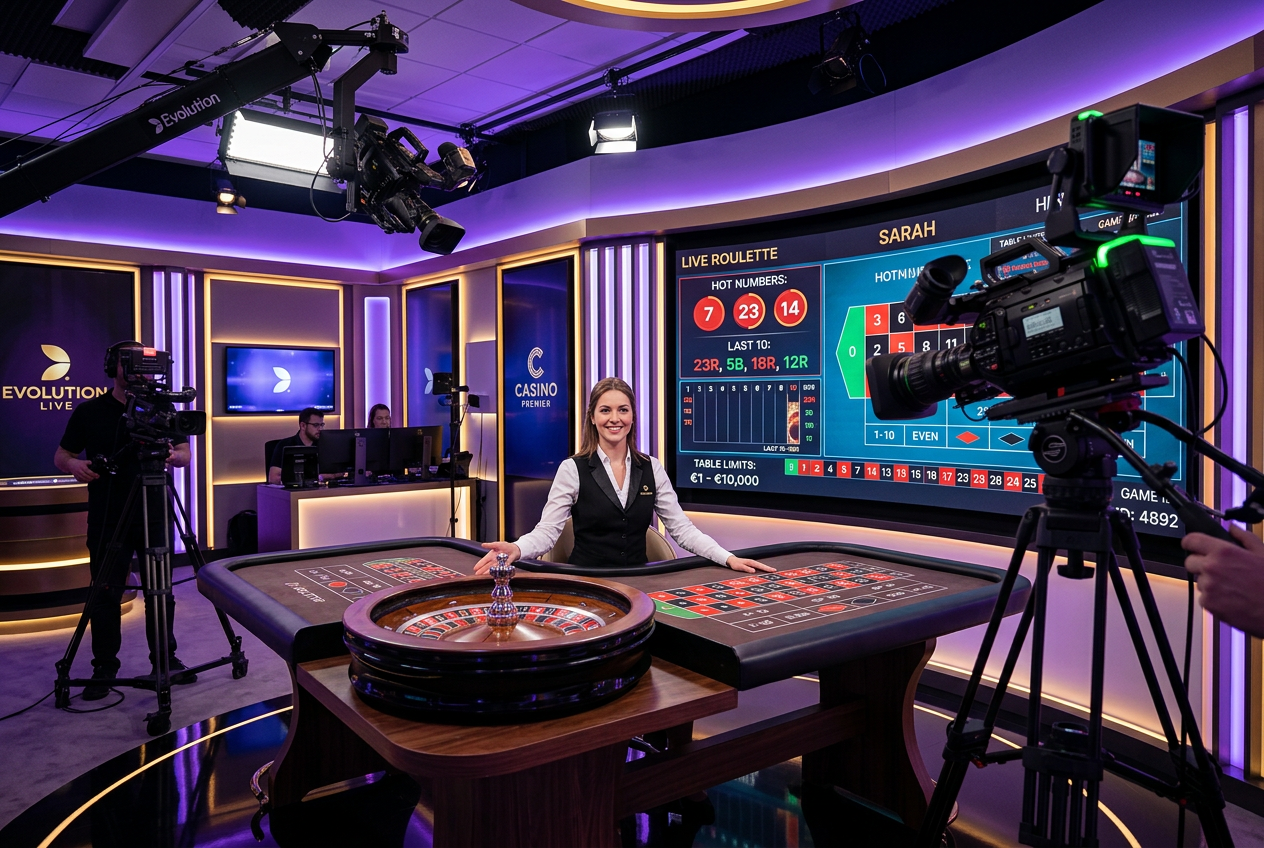 Nowoczesne studio kasyna na żywo z profesjonalnym krupierem i zaawansowanym sprzętem do streamingu 4K